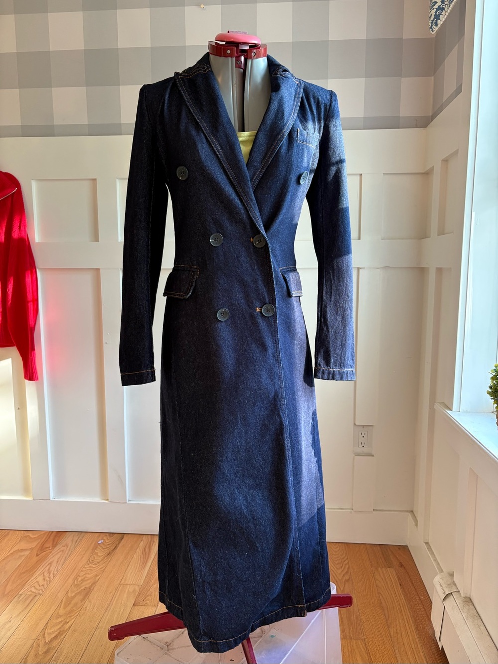 Avec Les Filles Dark Navy Long Denim Trench Coat with Button Front XS - Picture 7 of 11